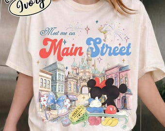 Camiseta retro de Mickey y Minnie "Encuéntrame en Main Street", "Parque de Main Street", "Viaje a Disneyworld", "Pareja de Disney", "A juego familiar"