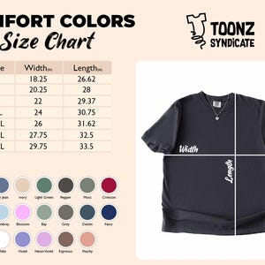 Puede incluir: Camiseta Comfort Colors gris oscuro con una tabla de tallas y opciones de color. La camiseta se mide en ancho y largo. La tabla de tallas incluye tallas S a 4XL, con medidas en cm. El logo de Toonz Syndicate est&aacute; en la esquina superior derecha.