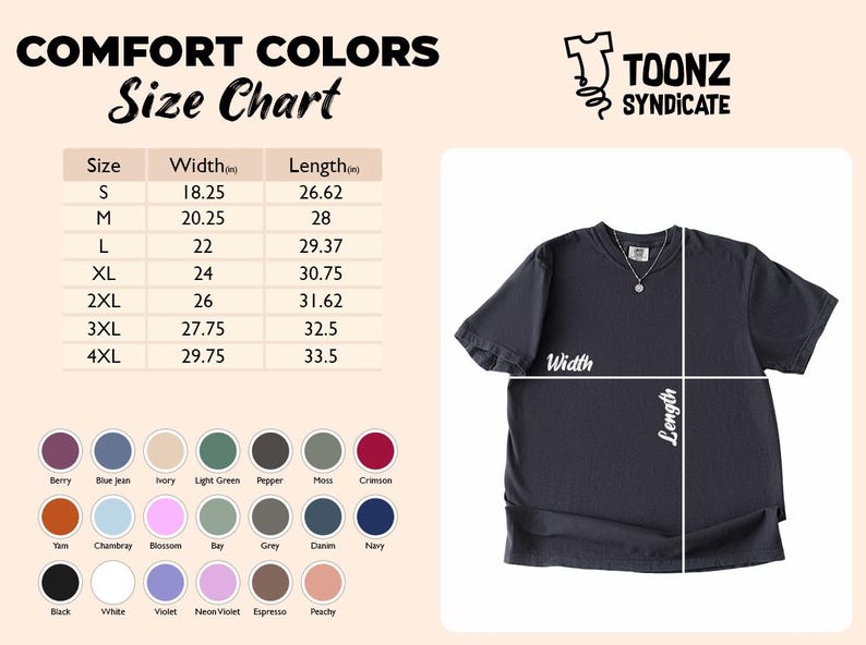 Puede incluir: Camiseta Comfort Colors gris oscuro con una tabla de tallas y opciones de color. La camiseta se mide en ancho y largo. La tabla de tallas incluye tallas S a 4XL, con medidas en cm. El logo de Toonz Syndicate est&aacute; en la esquina superior derecha.