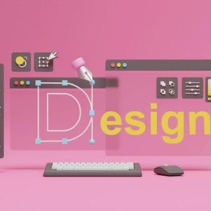 Pode incluir: Uma interface de design gráfico 3D num fundo rosa com um teclado, um rato e uma janela flutuante que exibe a palavra Design. A interface inclui uma barra de ferramentas vertical com vários ícones, uma ferramenta de caneta e painéis de ajuste.