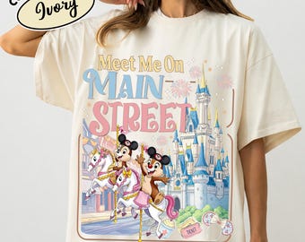 Meet Me On Main Street Disney Comfort Color® vintage Disney Chip and Dale-carrouselshirt, Disneyland Chip and Dale-draaimolen