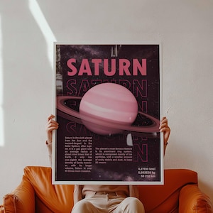 Saturn Space Digital Art | Retro Sci-Fi Poster | Printable Wall Art | Pink Astronomy Decor | Instant Download