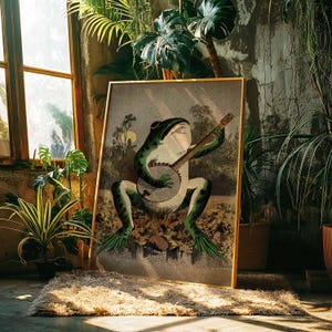 Grenouille joueur de banjo art vintage | Affiche de musique rustique | Art mural imprimable | Téléchargement numérique | Décoration folklorique