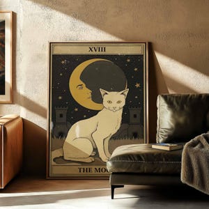 Moon Tarot Card Style Cat Digital Art | Vintage Celestial Printable Poster | Instant Download Wall Art