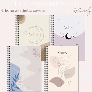 May include: Four spiral-bound notebooks with boho aesthetic covers. Each notebook features a unique design, including a crescent moon, stars, and floral illustrations. The word "Notes" is printed on each cover. The top text reads "BOHO PRINTABLE COVERS" and "4 boho aesthetic covers".