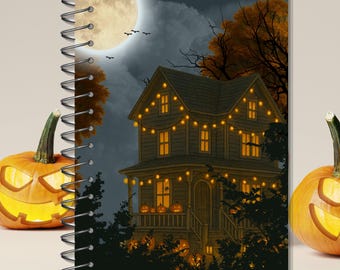 Okładka notesu „Przytulny domek na Halloween” | Dziennik z dyniowymi światłami | Jesienna noc do druku w wersji cyfrowej do pobrania