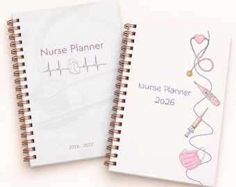 May include: Two white spiral-bound planners with copper-coloured coils. The left planner features the text Nurse Planner 2026-2027 with a heart rhythm graphic. The right planner displays Nurse Planner 2026 with illustrations of a stethoscope, thermometer, syringe, and mask.