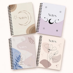 May include: Four spiral-bound notebooks with black wire coils. Each cover features the word Notes in a serif font. Designs include a beige crescent moon, a lavender moon phase pattern, a blue and purple botanical print, and a floral line drawing.