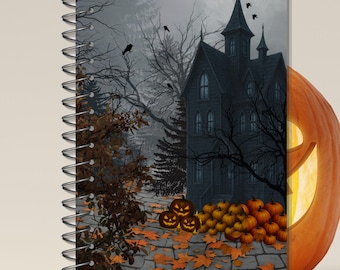 Straszna okładka notatnika z nawiedzonym domem | Dziennik do druku na Halloween | Gotycka jesień do pobrania w wersji cyfrowej