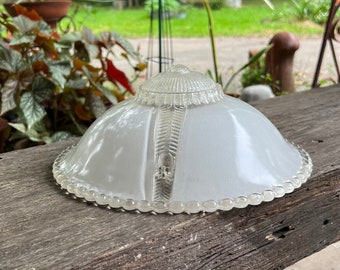 1930s Light Shade Frosted White and Clear 3 Hole Chain Ceiling Fixture Heavy Thick Glass with Art Deco Detail 11" x 4"