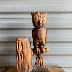 Wood Owl Carving by Hand Vintage Home Decor Rustic Cabin Large 12&quot; Tall