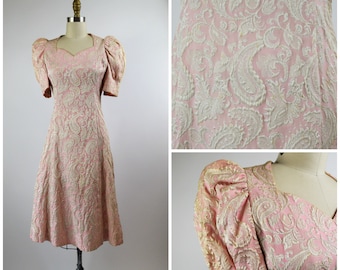 1960s Dress Pink and White Paisley Brocatelle Sparkly with Huge Puffy Leg of Mutton Sleeve Size Small