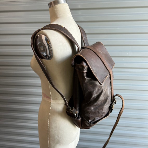 1970s Handmade Backpack Rugged Brown Leather Hand… - image 1