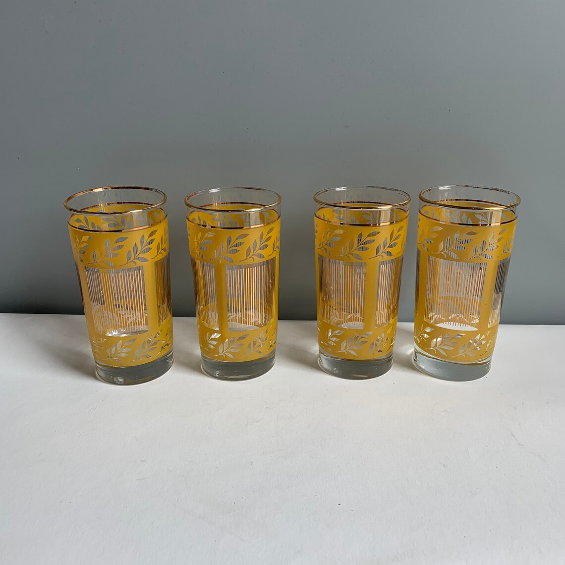 Mid Century Highball Glasses with Yellow Reverse Leaves and Etsy