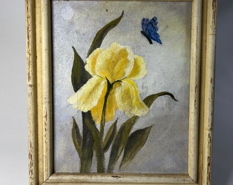 Vintage Floral Art Painting Yellow and Green Chippy Paint 10" x 12"