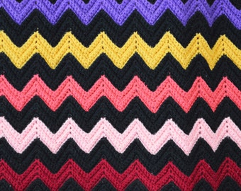 Vintage Handmade Chevron Afghan: Retro Black Stripe Throw