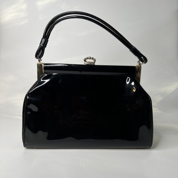 Vintage Handbag 1950s Black Patent Pleather Purse - image 3