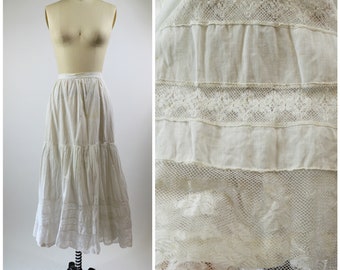 Edwardian Petticoat White Linen Skirt with Beautiful Delicate Lace Trim Flounce  24 inch Waist Size XSmall