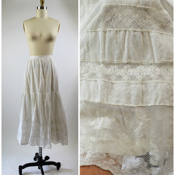 Edwardian Petticoat White Linen Skirt with Beautiful Delicate Lace Trim Flounce  24 inch Waist Size XSmall