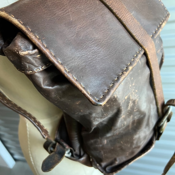 1970s Handmade Backpack Rugged Brown Leather Hand… - image 2