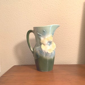 Pitcher 1940s Royal Copley Green and Yellow Apple Blossom Pattern Flower Vase