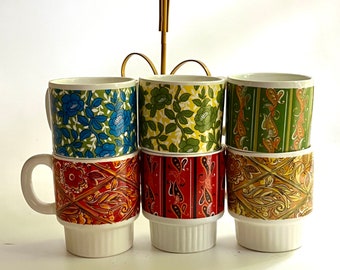 Vintage Mugs Japanese Coffee Cup Set with Stand Set of 6 Made in Japan