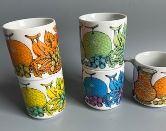 5 Vintage Mugs Japanese with Fruits in Color Made in Japan