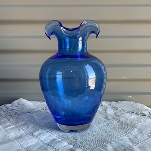 Vintage Cobalt Blue Vase with Ruffled Lip 7&quot; Tall