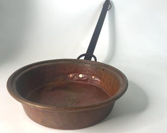 Antique Hammered Copper Sauce Pan: Wrought Iron Handle, 22"
