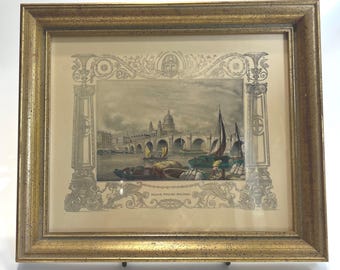 Antique Lithograph Print Black Friars Bridge Colored Framed 14" x 12"