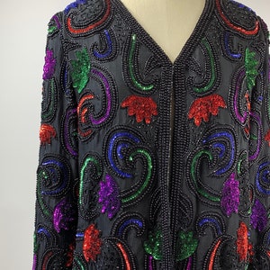 Jacket Beaded and Sequined Black Floral in Royal Rainbow Colors Cropped Size Large