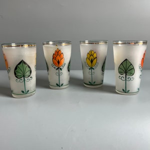 Drink Glasses Frosted Hand Painted Flowers and Leaves Delicate Set of 4