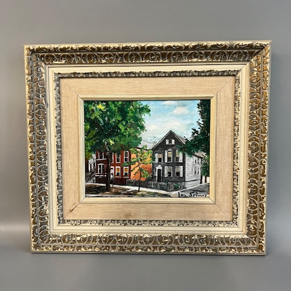MCM Framed Small Town Street Painting: 1960s Landscape Art (17" x 15")