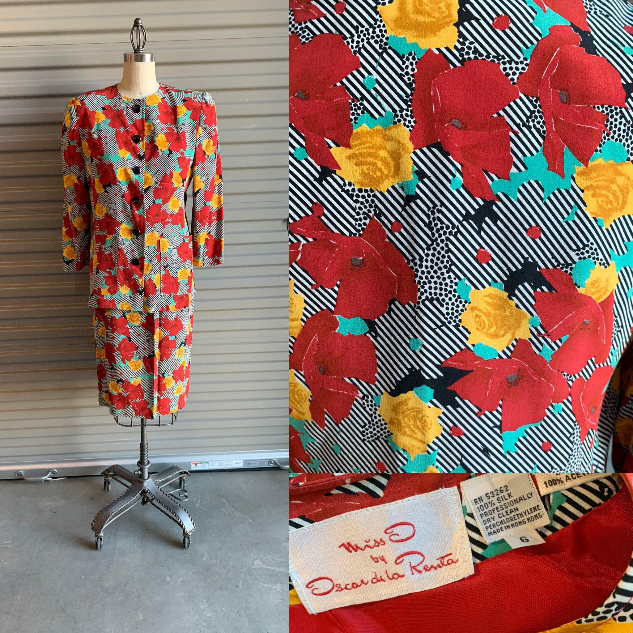 1980s Dress Miss O Oscar De La Renta Floral Stripe Silk Suit