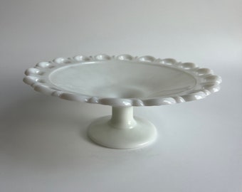 Milk Glass Compote with Lace Edge Shallow Bowl on Pedestal 11" Wide