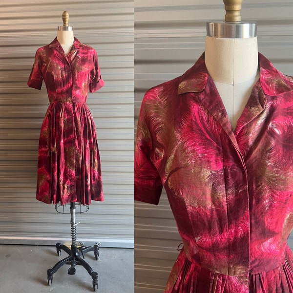 1950s Cotton Dress Plaid Pink and Brown Feather  Pattern Fit and Flare Size Small