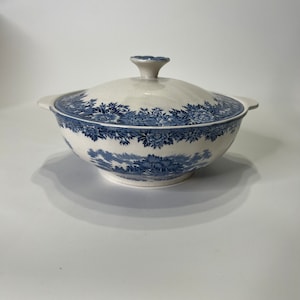 Transferware Lidded Bowl by Salem China Co English Village Ironstone Blue and White English China