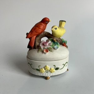 Vintage Trinket Box by Lefton White Ceramic Jewelry Box with Red and Yellow Birds and Flowers