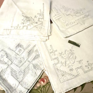 Vintage Hankie Embroidered Linen Handkerchief with Tiny Drawn Work Hand Stitched Wedding Hankies Beautiful Gift for Her Lot of 4