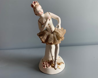 1940s Dresden Ballerina Ceramic Ballerina California Dresden by Avis Short Lace Skirt