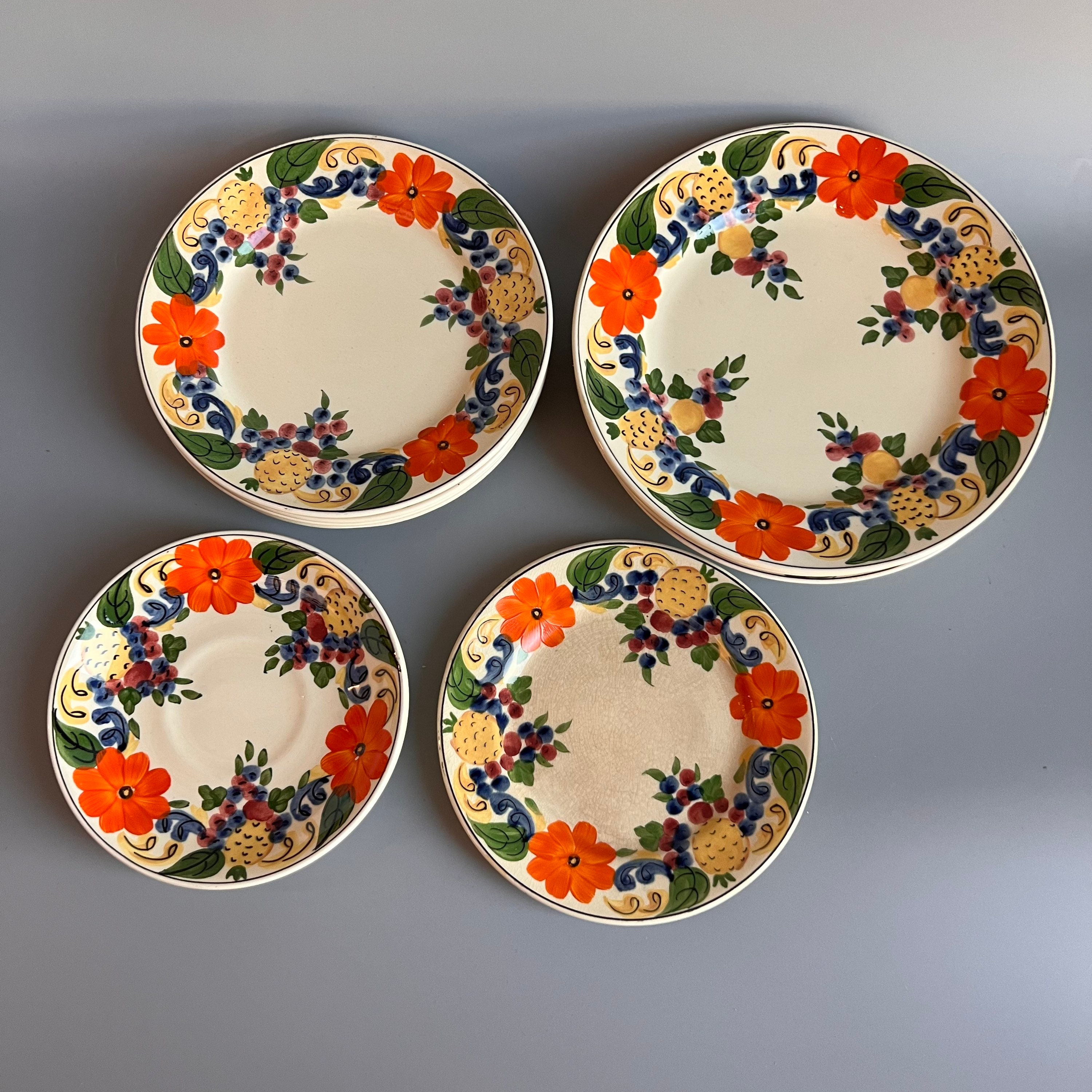 Assiettes antiques Royal Adams Ivoire Titan Ware Maytime Fleurs peintes à  la main Orange et Vert 4 Tailles -  France