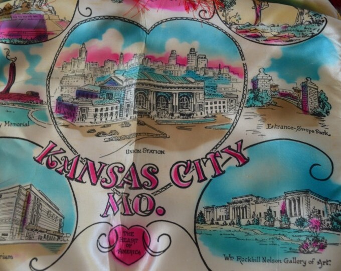 Vintage Souvenir Pillow Case Satin 1950's Kansas City MO the Heart of