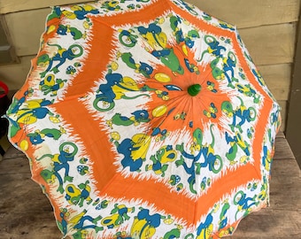 Vintage Childs Umbrella with Kokeshi Handle Kawaii Cartoon Motiff 1950s Orange and Green