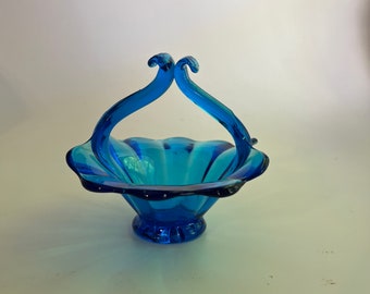 Art Glass Basket Bowl Blue Ribbed 6" Split Handle