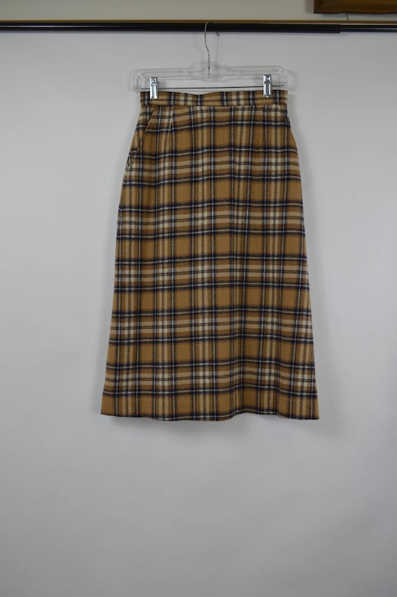 Wool Plaid Skirt 26" Waist Camel Brown Black and W