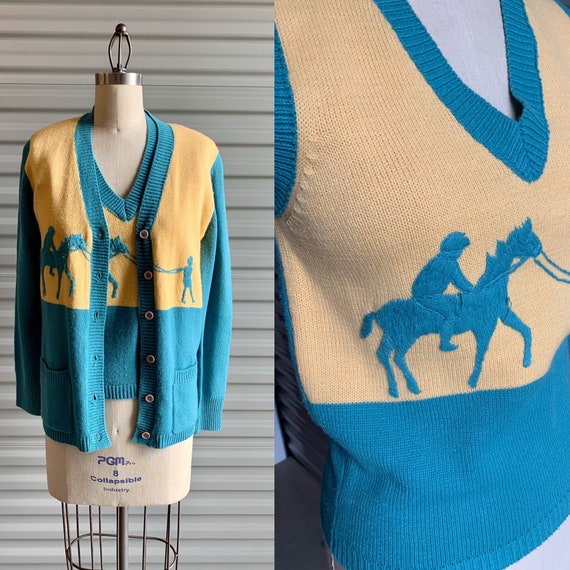 1950s Sweater Set Blue and Yellow with Horse and R