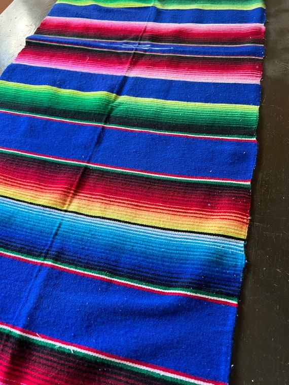Vintage Hand Woven Mexican Saltillo Throw: Rainbow Fringe Table Runner