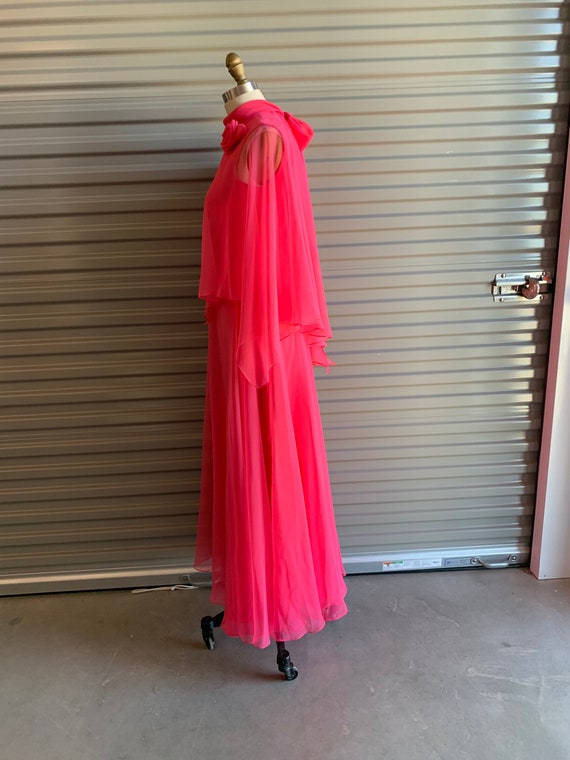 1970s Pink Chiffon Dress with Sheer Flowy Cape an… - image 5