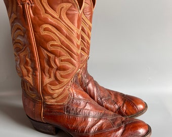Cowboy Boots by Tony Lama Black Label Peanutbutter Brown Eel Skin and Leather with Flame 9 Stitch  Size 12 B