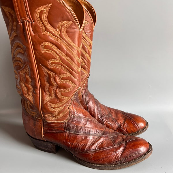 Cowboy Boots by Tony Lama Black Label Peanutbutter Brown Eel Skin and Leather with Flame 9 Stitch  Size 12 B